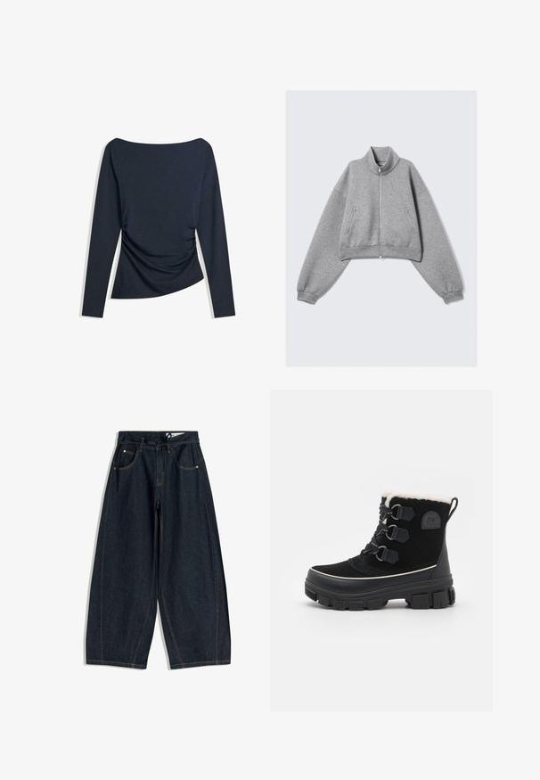 Šedá zkrácená bunda na zip s vysokým límcem, dlouhými rukávy a bočními kapsami na zip, vystavená na čistém bílém pozadí.; Námorně modrý dlouhý rukáv top s lodním výstřihem a řaseným detailem na boku, poloskládaný na bílé pozadí.; Tmavě modré široké kalhoty s tkaničkovým pasem, pěti kapsami a kontrastním prošíváním. Hladká textura a volný střih.; Černé voděodolné boty s nubukovým svrškem, umělou kožešinovou podšívkou, systémem šněrování se třemi očky, silnou gumovou podrážkou a kontrastním bílým lemováním.