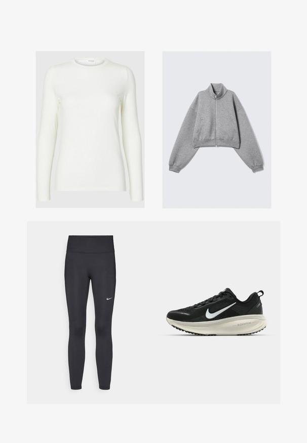 Grau gekürzte Zip-Jacke mit hohem Kragen, langen Ärmeln und seitlichen Reißverschlusstaschen, präsentiert vor einem schlichten weißen Hintergrund.; Langärmliges weißes Oberteil aus weichem Stoff mit Rundhalsausschnitt, das eine glatte Textur und eine figurbetonte Silhouette aufweist. Keine sichtbaren Muster oder Akzente.; Schwarze Leggings aus elastischem Stoff, mit einem hohen Bund und einem weißen Nike-Logo auf dem linken Oberschenkel. Glatte Textur, figurbetontes Design.; Schwarzer Nike-Laufschuh mit atmungsaktivem Mesh-Obermaterial, weißem Swoosh-Logo, strukturierten Details und einer cremefarbenen ZoomX-Zwischensohle.