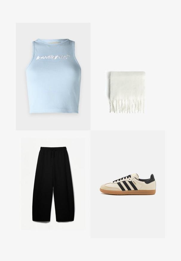 Grey cropped zip-up jacket with high collar, long sleeves, and zippered side pockets, displayed on a plain white background.; Light blue ribbed crop top with a round neckline and sleeveless design. Features white embroidered text on the front.; Black wide-leg pants with an elastic waistband and drawstring. Soft fabric with a smooth texture. Straight cut with side seams.; Beige athletic shoe with black stripes, gum rubber outsole, and black accents. Features a smooth leather upper and a rounded toe design.; White fleece scarf with fringed edges, soft texture, and rectangular shape. Suitable for layering and providing warmth.