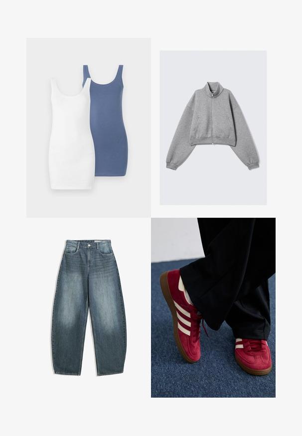 Grey cropped zip-up jacket with high collar, long sleeves, and zippered side pockets, displayed on a plain white background.; Two tank dresses, one white and one blue, made from soft, stretchy fabric with a scoop neckline and fitted shape.; Light blue denim wide-leg jeans feature a high waist, five pockets, subtle fading, and stitching accents along the seams.; Red suede sneaker with white stripes, lace-up design, and textured brown rubber sole. Worn with black pants, set against blue carpet.