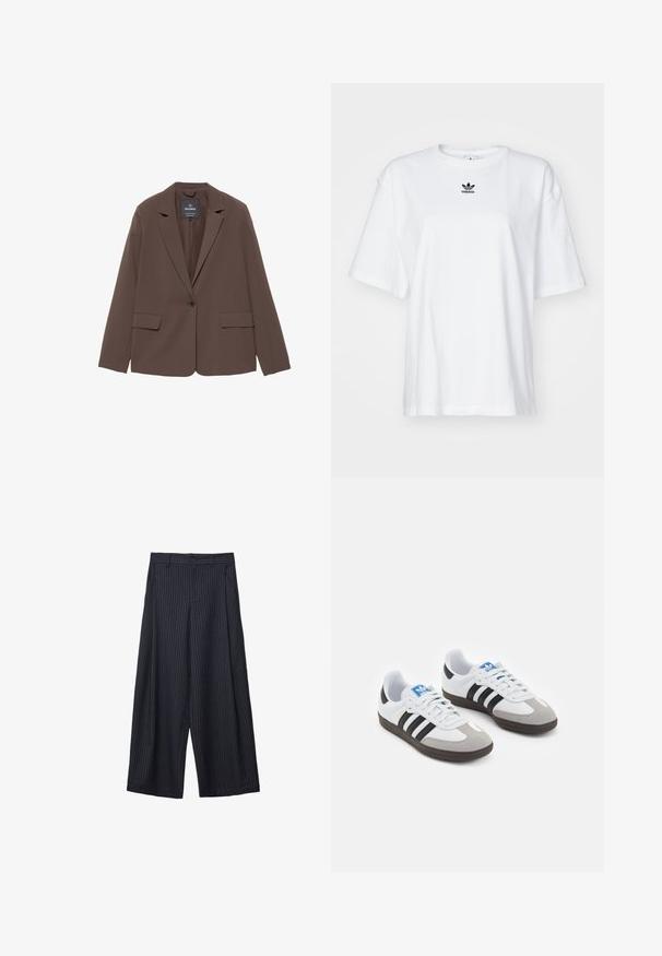 Brązowa marynarka z klapami, zapinana na jeden guzik, z dwiema przednimi kieszeniami. Wykonana z gładkiego materiału, o dopasowanym kroju.; Biała, krótko rękawowa koszulka z bawełny. Posiada okrągły dekolt oraz małe, czarne logo Adidas na klatce piersiowej. Proste zakończenie.; Szerokie spodnie w granatowym materiale z pionowymi białymi paskami, z zapięciem na guziki i bocznymi kieszeniami, gładka tekstura, dopasowany krój.; Buty sportowe z białą skórzaną cholewką, szarym zamszowym noskiem i trzema czarnymi paskami. Posiadają niebieskie logo na języku oraz teksturowaną gumową podeszwę.