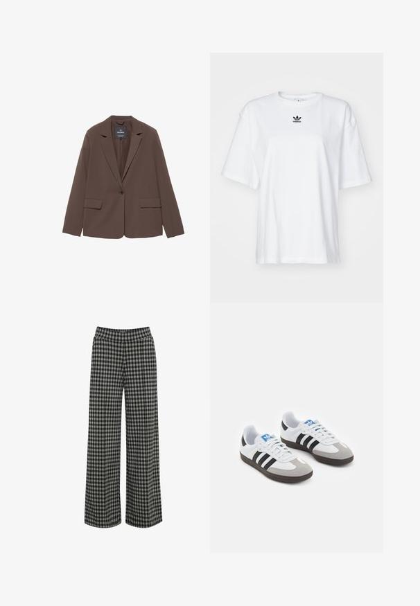 Hnedý blazer s výstrihom do V, jednoposuvným zapínaním a dvoma prednými vreckami. Vyrobený z hladkej látky s upraveným strihom.; Biele tričko s krátkym rukávom vyrobené z bavlny. Má okrúhly výstrih a malé čierne logo Adidas na hrudi. Priamy strih spodného lemu.; ICHI IHKATE - Nohavice - vetiver; Športové topánky s bielym koženým zvrškom, šedou semišovou špičkou a tromi čiernymi pruhmi. Obsahujú modré logo na jazyku a štruktúrovanú gumovú podrážku.