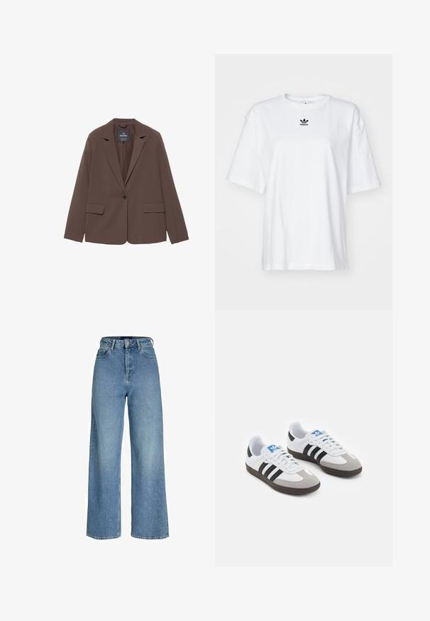Rjav blazer z nazobčenim ovratnikom, z enim gumbom in dvema sprednjima žepoma. Narejen iz gladkega blaga z prirejenim krojem.; Bela kratka majica s kratkimi rokavi iz bombaža. Ima krožni ovratnik in majhen črn Adidasov logotip na prsih. Ravna podoba.; Svetlo modre hlače z visokim pasom in širokimi hlačnicami, izdelane iz denima. Funkcije vključujejo zapiranje z gumbom spredaj in subtilno zbledelost.; Športni čevlji z belim usnjenim zgornjim delom, sivim semišem na prstih in tremi črnimi črtami. Imajo modro logo na jeziku in teksturiran gumijast podplat.