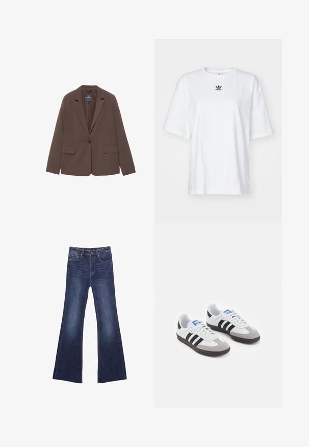 Smeđi sako s reverima, zatvaranjem na jedan gumb i dva prednja džepa. Izrađen od glatkog materijala s krojem koji se prilagođava tijelu.; Bijela kratka majica s kratkim rukavima izrađena od pamuka. Ima okrugli izrez i mali crni Adidas logo na prsima. Ravni rub.; Tamno plave traperice s krojem u obliku zvona, izrađene od denima. Imaju prednje džepove i zatvaranje na patentni zatvarač s kopčom na gumbi. Ravna elastična traka.; Sportske cipele s gornjištem od bijele kože, sivi suedinasti nos i tri crne pruge. Imaju plavi logo na jeziku i teksturiranu gumenu podlogu.