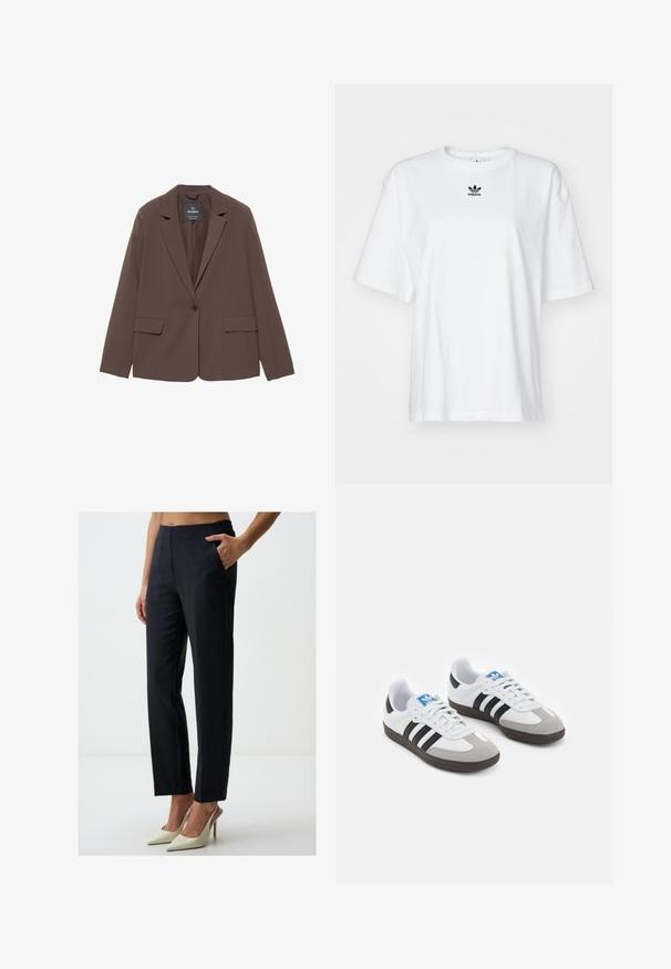 Brauner Blazer mit aufgesetztem Kragen, Ein-Knopf-Verschluss und zwei Fronttaschen. Hergestellt aus glattem Stoff mit taillierter Passform.; Weißes T-Shirt mit kurzen Ärmeln aus Baumwolle. Verfügt über einen Rundhalsausschnitt und ein kleines schwarzes Adidas-Logo auf der Brust. Gerader Saum.; Marineblaue Nadelstreifenhose mit flachem Bund, Eingrifftaschen und tapered Bein. Der Stoff ist glatt mit einem leichten Schimmer.; Sportschuhe mit einem Obermaterial aus weißem Leder, grauer Wildleder-Zehenkappe und drei schwarzen Streifen. Sie verfügen über ein blaues Logo auf der Zunge und eine strukturierte Gummisohle.