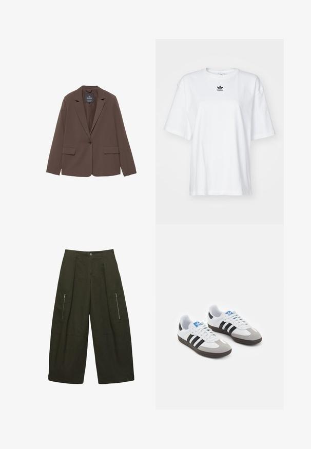 Blazer marron avec un col cranté, fermeture à un bouton et deux poches avant. Fabriqué en tissu lisse avec une coupe ajustée.; T-shirt blanc à manches courtes en coton. Avec un col rond et un petit logo Adidas noir sur la poitrine. Ourlet droit.; Pantalons cargo à jambes larges en tissu vert foncé, dotés de deux poches latérales zippées, d'un design plissé à l'avant et de détails cousus à l'ourlet.; Baskets avec une tige en cuir blanc, un bout en daim gris et trois bandes noires. Présente un logo bleu sur la languette et une semelle en caoutchouc texturée.