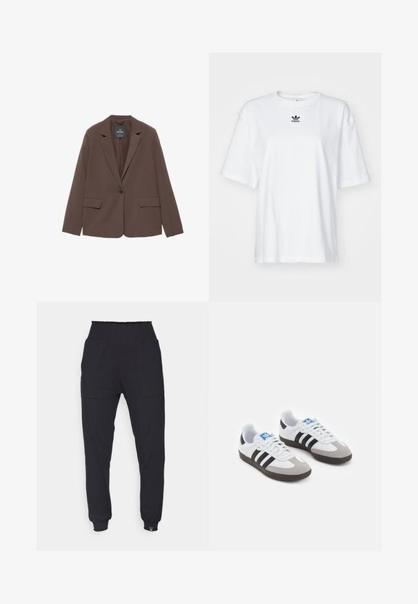 Rjav blazer z nazobčenim ovratnikom, z enim gumbom in dvema sprednjima žepoma. Narejen iz gladkega blaga z prirejenim krojem.; Bela kratka majica s kratkimi rokavi iz bombaža. Ima krožni ovratnik in majhen črn Adidasov logotip na prsih. Ravna podoba.; Črne usnjene trenerke s plitvim pasom, zoženimi nogami, stranskimi žepi in rebrastimi manšetami. Narejene iz mehkega, raztegljivega materiala.; Športni čevlji z belim usnjenim zgornjim delom, sivim semišem na prstih in tremi črnimi črtami. Imajo modro logo na jeziku in teksturiran gumijast podplat.
