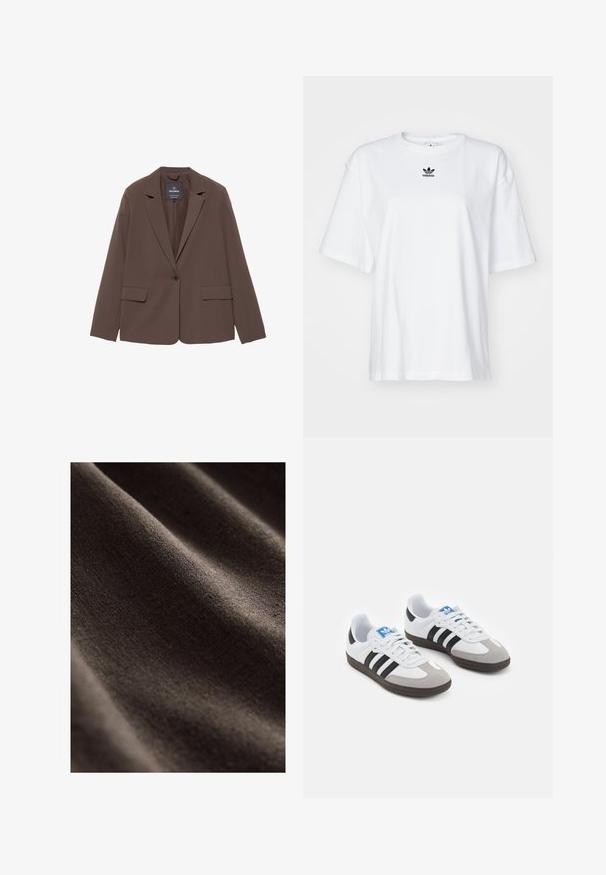 Sacou maroniu cu rever în unghi, închidere cu un singur buton și două buzunare frontale. Fabricat dintr-un material neted cu o croială ajustată.; Tricou alb cu mânecă scurtă, fabricat din bumbac. Are un guler rotund și un mic logo negru Adidas pe piept. Tiv drept.; Țesătură de culoare maro închis, cu o suprafață netedă și texturată, având cute subtile și un aspect moale, mat. Ideală pentru diverse aplicații textile.; Încălțăminte sport cu un superior din piele albă, vârf din suede gri și trei dungi negre. Prezintă un logo albastru pe limbă și o talpă din cauciuc texturat.