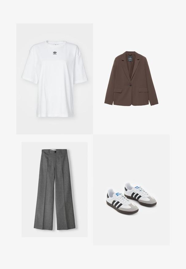 Brun blazer med klapkrave, enkelt knaplukning og to forlommer. Lavet af glat stof med en skræddersyet pasform.; Hvid kortærmet t-shirt lavet af bomuld. Har en rund halsudskæring og et lille sort Adidas-logo på brystet. Lige skåret kant.; Grå brede bukser med stribe-mønster, udstyret med knaplukning og to forlommer. Lavet af tekstureret stof.; Sportsko med en overdel i hvid læder, grå ruskind på tåen og tre sorte striber. Har et blåt logo på tungen og en struktureret gummisål.