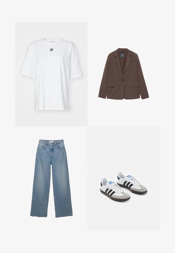 Bruine blazer met een gelapte kraag, enkele knopen sluiting en twee voorkeurszakken. Gemaakt van een gladde stof met een getailleerde pasvorm.; Witte korte mouwen t-shirt van katoen. Voorzien van een ronde hals en een klein zwart Adidas-logo op de borst. Rechthoekige zoom.; Lichtblauwe wijde jeans van denim. Heeft een hoge taille, vijf zakken en een rechte pasvorm met minimale vervaging.; Sportschoenen met een witte leren bovenkant, grijze suède neus en drie zwarte strepen. Bevat een blauw logo op de tong en een gestructureerde rubberen zool.
