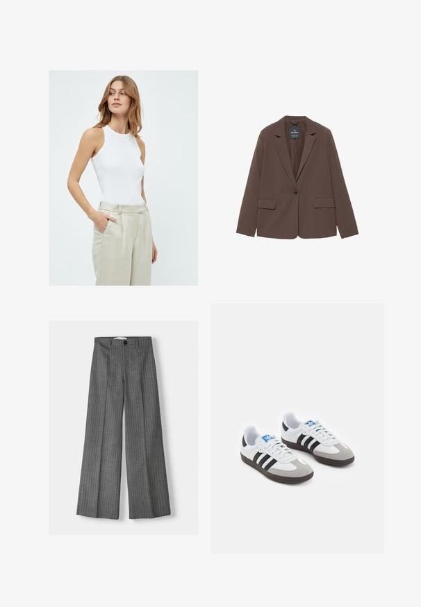Brun blazer med spetsig krage, en knapp stängning och två framfickor. Tillverkad av ett mjukt tyg med en skräddarsydd passform.; Vit ärmlös linne med en figurnära design, tillverkad av ribbat tyg, tillsammans med ljusbeiga, högmidjade linbyxor.; Grå vida byxor med en ränderad mönster, med knäppning och två framfickor. Tillverkade av strukturerad tyg.; Sportskor med överdel i vit läder, grå mocka på tårna och tre svarta ränder. Har en blå logotyp på tungan och en texturerad gummisula.
