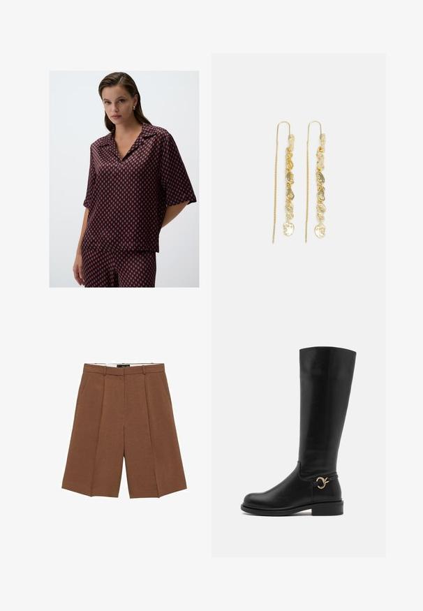 Bruine blazer met korte mouwen, gemaakt van een gestructureerde stof, met een enkele knop aan de voorkant, een tailleband en twee voorzakken.; Rode en marineblauw geometrisch patroon blouse van lichtgewicht stof, met een kraag en korte mouwen, in een ontspannen pasvorm.; Bruine op maat gemaakte shorts van een zachte stof, met een hoge taille, platte voorkant, twee zijzakken en een losse, brede pijpdesign.; Anna Field Wide Fit Laarzen - black; Gouden metalen oorbellen met een golvend kettingontwerp, voorzien van zowel gladde als gestructureerde ovale schakel en slanke, rechte haken voor bevestiging.