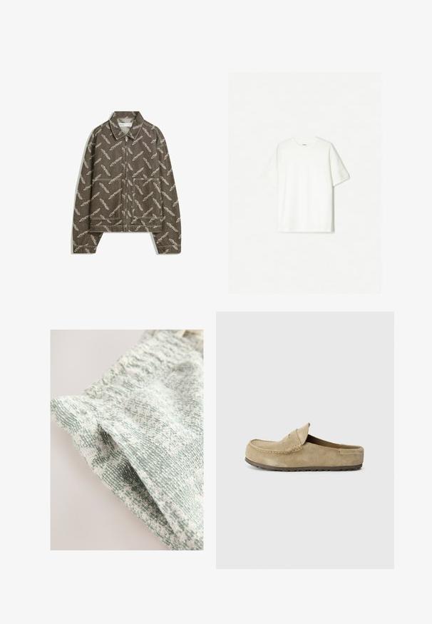 Ruskea takki, jossa on vetoketju edessä ja vaaleanbeige höyhenkuvio. Takissa on kaulus ja kaksi etutaskua, sekä hieman lyhyempi leikkaus.; Valkoinen lyhythihainen t-paita, joka on valmistettu pehmeästä puuvillasta. Pyöreä kaula-aukko ja rento istuvuus ilman näkyviä logoja tai kuvioita.; Kudottu kangas, jossa on teksturoitu pinta vaaleanvihreissä ja valkoisissa sävyissä. Omistaa pehmeän, kevyen tunteen ja hienovaraisen kuvion.; Birkenstock NAPLES WRAPPED LEVE TAUPEN - REGULAR - Matalakantaiset pistokkaat - taupe