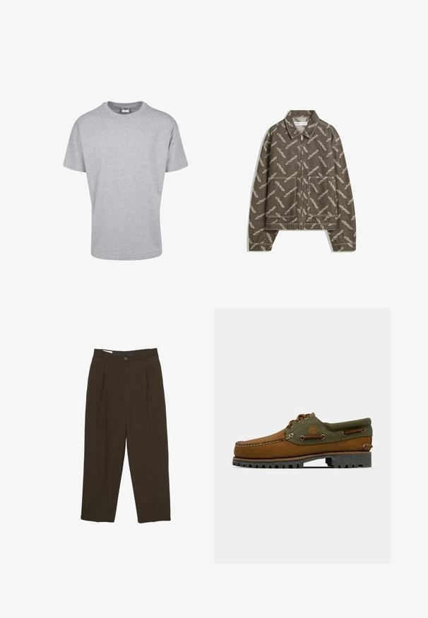 Barna dzseki, elöl cipzárral, bézs tollmintával. Lezser gallérral és két elülső zsebbel rendelkezik, valamint enyhén crop szabású.; Szürke, rövid ujjas póló, pamut keverék anyagból készült. Jellemzője a kerek nyakkivágás és a laza fazon, minták vagy díszítések nélkül.; Sötétbarna, szabott nadrág elülső redőkkel, övhurkokkal és gombos záródással a deréknál.; Barna bőr cipő zöld textil díszítésekkel. Mokaszin stílusú dizájn, hímzett logóval és strapabíró, mély barázdájú gumitalppal rendelkezik.