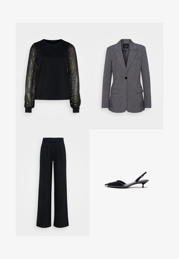 Grijze blazer van gestructureerde stof, met een gelapte kraag, sluiting met één knoop, twee voorkruiken en een borstzak.; Zwarte top met korte mouwen van zachte stof, met lange glinsterende mouwen met verticale lijnen en aansluitende manchetten.; Zwarte, wijde broek van gladde stof, met een knoopsluiting en subtiele plooien, voorzien van een elastische tailleband voor extra comfort.; Zwarte lakleren slingback-hakken met een spitse neus, metalen accent op de neus en een dunne kittenhak. Soepele textuur, minimalistisch ontwerp.
