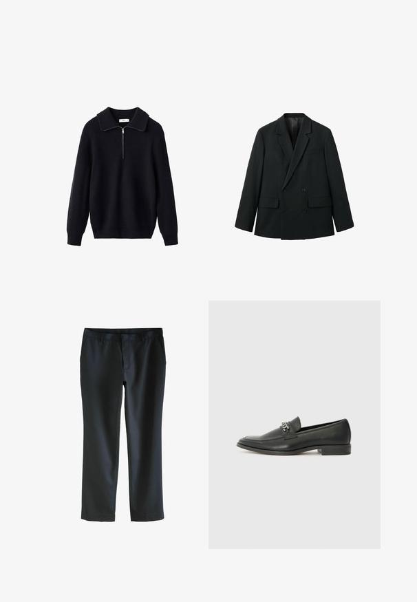 Blazer nero doppiopetto realizzato in tessuto morbido con rever a taglio, due tasche frontali e chiusure a bottoni. Design su misura e strutturato.; Maglione nero lavorato a maglia con una texture a coste, un ampio colletto e una zipper a metà lunghezza sul davanti. Maniche lunghe e vestibilità rilassata.; Pantaloni neri in tessuto liscio, design su misura con due tasche laterali, chiusura con zip e passanti per la cintura, caratterizzati da un taglio dritto.; Mocassino in pelle nera con finitura liscia, caratterizzato da un design cucito e da un accento decorativo in catena metallica sul vamp. Tacco piatto.