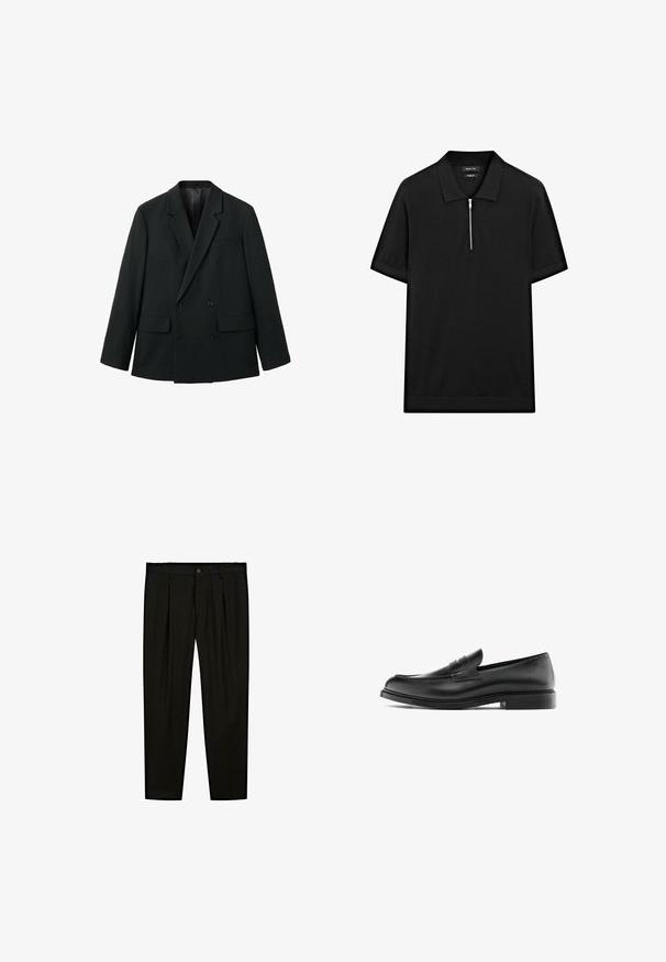 Schwarzer, doppelt geknöpfter Blazer aus glattem Stoff mit Reverskragen, zwei Vorderseiten-Taschen und Knopfverschluss. Maßgeschneiderte, strukturierte Form.; Schwarzes kurzärmliges Poloshirt mit Stehkragen und einem Reißverschluss vorne. Hergestellt aus einem glatten Stoff mit einem klaren, minimalistischen Design.; Schwarze maßgeschneiderte Hose aus glattem Stoff. Zu den Merkmalen gehören eine flache Vorderseite, weite Beine und ein Knopfverschluss am Taillenbund.; Schwarzer Leder-Pennyloafer mit niedrigem Absatz, runder Zehenform und gesticktem Detail entlang des Oberleders, seitlich auf einem weißen Hintergrund dargestellt.
