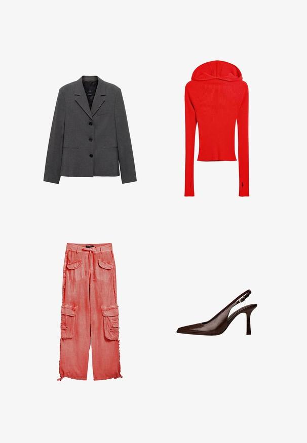 Gray blazer made of textured fabric, featuring a notched collar, three buttons, and two angled front pockets.; Red ribbed long-sleeve top with a fitted design, featuring a hood and thumbholes at the end of the sleeves.; Coral cargo pants with a drawstring waist, two large front pockets, frayed edges, and a loose fit. Made from a textured denim fabric.; Brown leather slingback pump with a pointed toe and a thin heel. Features a small accent buckle on the strap and a glossy finish.