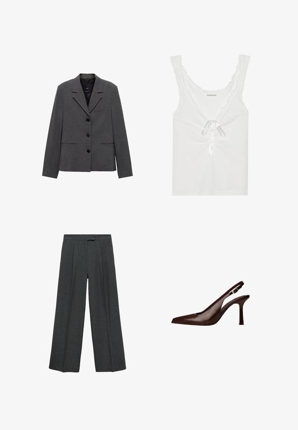Sivý blejzer vyrobený z textúrovanej tkaniny, s výstrihom, tromi gombíkmi a dvoma naklonenými prednými vreckami.; Biely bezrukávový top so zvlněnými okrajmi, predným zaväzovaním so saténovou stuhou a naťahovaním v strede. Vyrobený z jemnej tkaniny.; Tmavohnedé nohavice s širokými nohavicami a záhybmi vpredu, vyrobené z textúrovaného materiálu, s plochým pásom bez viditeľného zapínania.; Hnedé kožené slingback lodičky s špicatou špičkou a tenkým podpätkom. Obsahujú malú ozdobnú pracku na remienku a lesklý povrch.