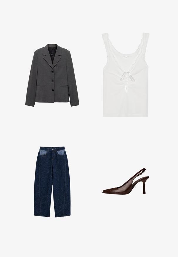 Gray blazer made of textured fabric, featuring a notched collar, three buttons, and two angled front pockets.; White sleeveless top with scalloped edges, a front tie with satin ribbon, and gathered detailing at the center. Made of soft fabric.; Dark blue denim wide-leg jeans featuring a speckled texture, two front pockets with contrasting lighter fabric, and visible stitching details.; Brown leather slingback pump with a pointed toe and a thin heel. Features a small accent buckle on the strap and a glossy finish.