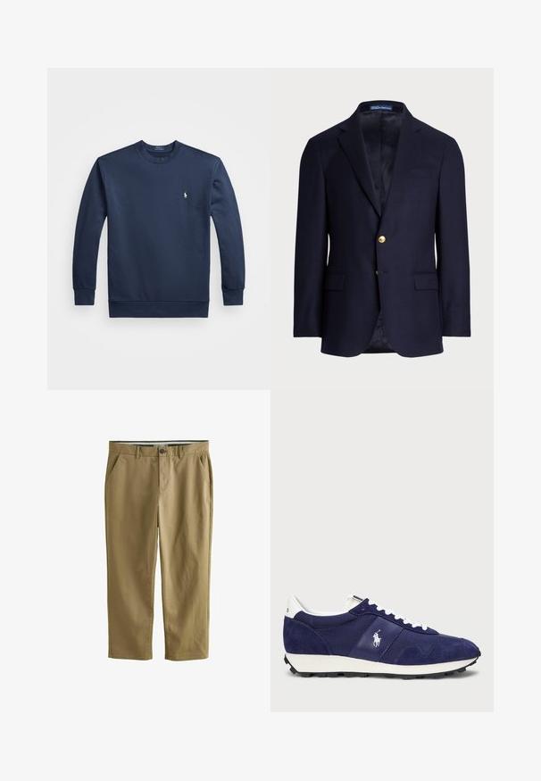 Marinblå kavaj i ull med enkelknäppt design, gyllene knappar och två framfickor. Slät foder.; Mörkblå sweatshirt i bomullsblandning med långa ärmar, ribbade muddar och rundad halsringning. Har en liten broderad logotyp på bröstet.; Khaki chinos tillverkade av bomullsblandning, med två sidofickor, knappstängning, raka ben och en mjuk textur.; Marina sneakers med en kombination av mocka och tyg, vita snören, en gummisula och en liten logotyp på sidan.