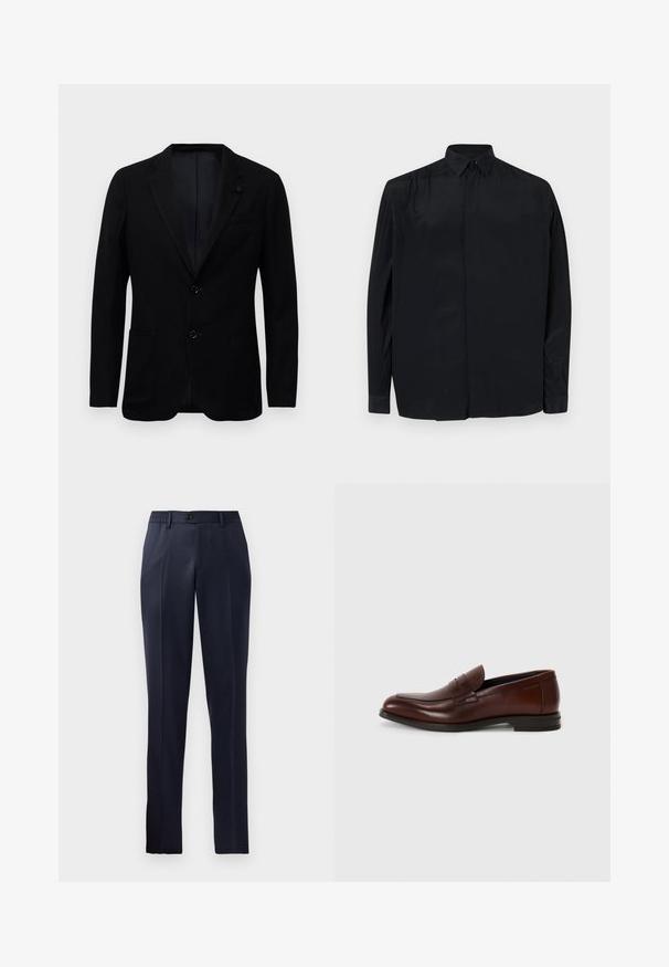 Blazer noir pour homme avec deux poches avant, col à revers, deux boutons, et un tissu texturé subtil sur un fond blanc.; Chemise noire à manches longues en tissu lisse, dotée d'un col classique, d'une patte de boutonnage et d'une coupe décontractée avec des manches à poignets.; Pantalon bleu marine avec une coupe droite, taille élastique, devant plat et fermeture à un bouton. Tissu lisse.; Mocassins en cuir marron avec un bout rond, détail de bande à l'avant et un petit talon empilé. Texture lisse avec des accents décoratifs minimaux.
