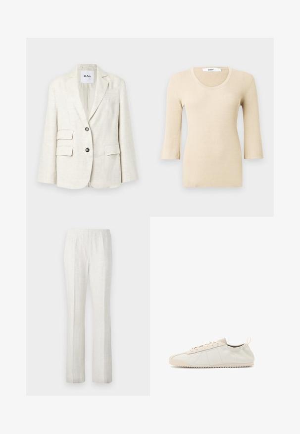 Blazer beige clair en tissu texturé, avec un revers cranté, deux poches avant et deux boutons noirs. L'étiquette indique "DAY."; Top à manches longues en beige côtelé avec un décolleté arrondi. La texture est lisse et ajustée. Des poignets évasés ajoutent un détail de design subtil.; Pantalons de couleur claire, à jambes droites et texture lisse, dotés de plis frontaux et d'une ceinture au design épuré.; Baskets en cuir crème avec un bout rond, design à lacets, accents texturés et semelle en caoutchouc texturé avec un motif de traction en zigzag.