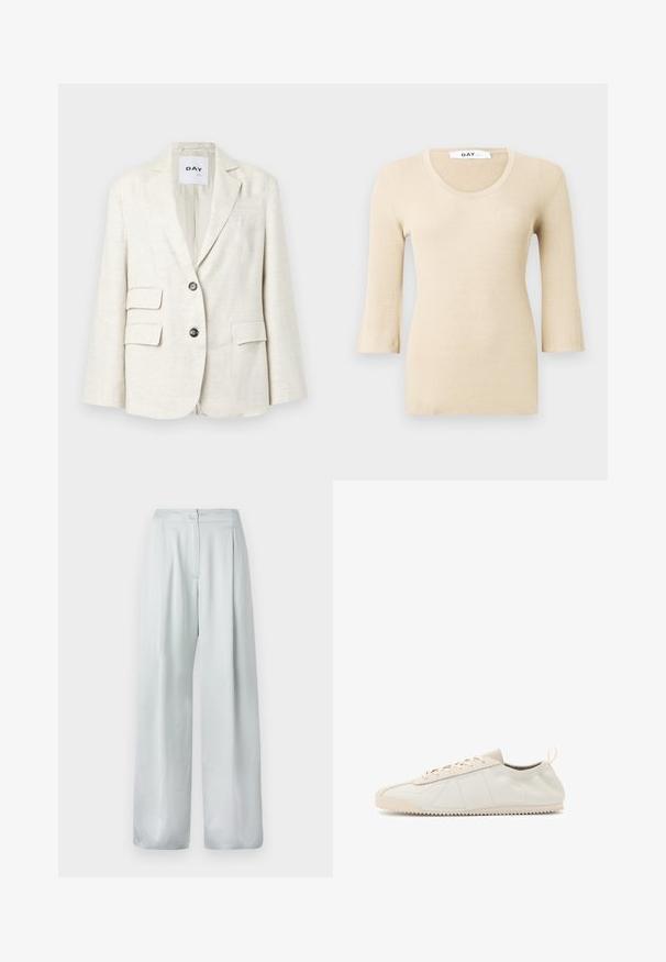 Világos bézs zakó, strukturált anyagból, süllyesztett hajtókával, két elülső zsebbel és két fekete gombbal. Címke: "DAY."; Beige bordázott, hosszú ujjú blúz kerek nyakkivágással. A textúrája sima és testhez simuló. A bővülő ujjak finom dizájn részletet adnak hozzá.; Világosszürke, bővérű nadrág sima textúrával, elöl gombos záródással és plissé díszítéssel.; Krém színű bőr sportcipő, lekerekített orral, fűzős kivitelben, textúrázott díszítésekkel és textúrázott gumitalppal, amelyen zigzag mintázat található a tapadás érdekében.