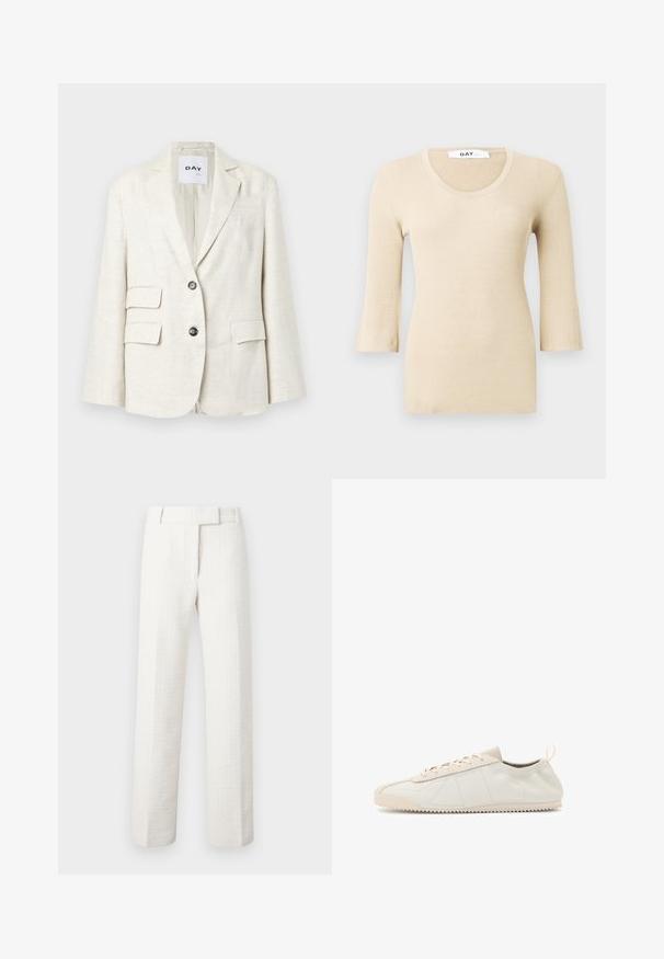 Light beige blazer made of textured fabric, featuring a notched lapel, two front pockets, and two black buttons. Label reads "DAY."; Beige ribbed long-sleeve top with a scoop neckline. The texture is smooth and fitted. Flared cuffs add a subtle design detail.; White, tailored pants with a textured fabric. Features a straight leg and belt loops, designed with a clean, minimal silhouette.; Cream leather sneaker with a rounded toe, lace-up design, textured accents, and textured rubber sole featuring zigzag traction pattern.