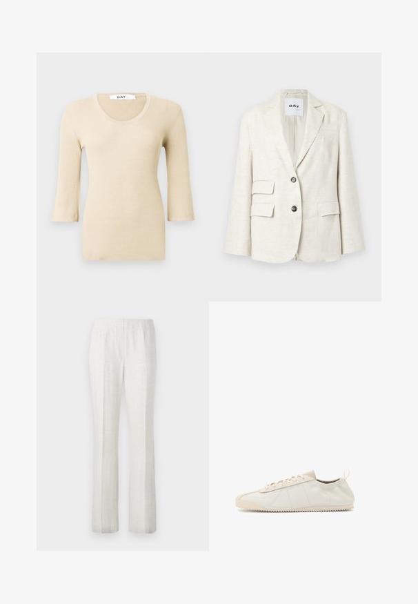 Lys beige blazer laget av teksturert stoff, med skrårevers, to frontlommer og to svarte knapper. Merket sier "DAY."; Beige ribbestrikket langermet topp med dyp utringning. Teksturen er glatt og figursydd. Slippede mansjetter gir en subtil designdetalj.; Lysfargede, strake bukser med en jevn tekstur, med frontpliser og et rent design på midjebåndet.; Kremfargede lær sneakers med rund tå, snøring, teksturerte detaljer og teksturert gummisåle med sikksakk-mønster for godt grep.