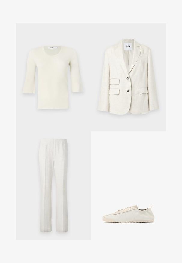 Light beige blazer made of textured fabric, featuring a notched lapel, two front pockets, and two black buttons. Label reads "DAY."; Ribbed, light cream long-sleeve top with a round neckline and flared sleeves. Made from a textured fabric, soft finish, minimal design.; White long-sleeve blouse with a round neckline and tie closure. Features a textured trim along the front and cuffs. Smooth fabric finish.; Light-colored, straight-leg trousers with a smooth texture, featuring front pleats and a clean waistband design.; Cream leather sneaker with a rounded toe, lace-up design, textured accents, and textured rubber sole featuring zigzag traction pattern.