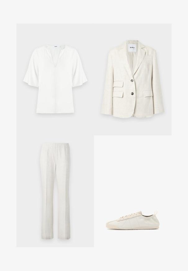 Light beige blazer made of textured fabric, featuring a notched lapel, two front pockets, and two black buttons. Label reads "DAY."; White blouse with a V-neckline and wide short sleeves. Made from lightweight fabric, features a simple, smooth texture with no visible patterns.; Light-colored, straight-leg trousers with a smooth texture, featuring front pleats and a clean waistband design.; Cream leather sneaker with a rounded toe, lace-up design, textured accents, and textured rubber sole featuring zigzag traction pattern.