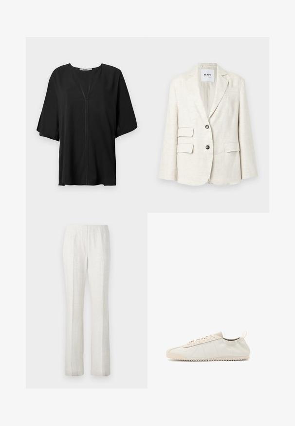 Hele beež blazeri, mis on valmistatud tekstureeritud kangast, millel on sälguaplikad, kaks esikotit ja kaks musta nuppu. Sildil on kirjas "DAY."; Musta pluus kergest kangast, V-kaelusega, lahtiste lühikeste varrukatega ja keskse õmbluse detailiga. Sile tekstuur ja mugav lõige.; Heledad värvusega sirged püksid siledast materjalist, millel on ees volditud detailid ja puhas vöökoht.; Kreemvärvilised nahast tennisetossud ümara varbaga, paeltega kinni tõmmatav disain, tekstuuriga aktsendid ja tekstuuriga kummitald, millel on siksakitav haardemuster.