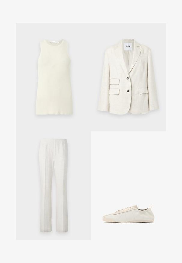 Blazer beige claro feito de tecido texturizado, com lapela com notches, dois bolsos frontais e dois botões pretos. O rótulo diz "DAY."; Top de alças sem mangas em creme, feito de tecido canelado, com um decote redondo e um design justo. Sem padrões ou detalhes visíveis.; Blusa branca de mangas longas com decote redondo e fecho de laço. Apresenta um acabamento texturizado ao longo da frente e dos punhos. Acabamento de tecido suave.; Calças de perna reta de cor clara, com uma textura suave, apresentando plissados frontais e um design de cintura limpa.; Sapatilha em couro creme com bico arredondado, design de atacadores, detalhes texturizados e sola de borracha texturizada com padrão de tração em zig-zag.