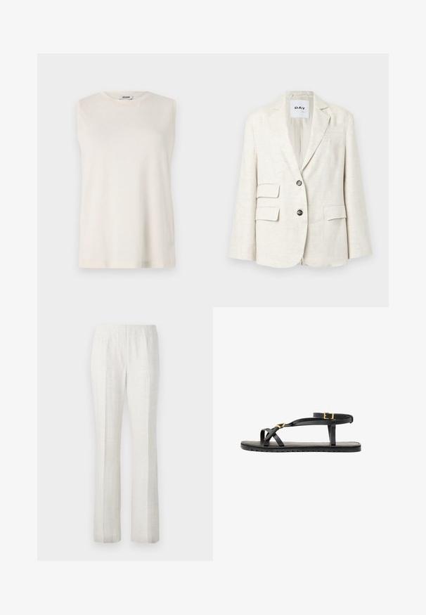 Lys beige blazer laget av teksturert stoff, med skrårevers, to frontlommer og to svarte knapper. Merket sier "DAY."; Ermeløs topp i lys beige stoff, med rund hals og en avslappet passform. Glatt tekstur uten dekorasjoner eller mønstre.; Hvit langermet bluse med rund utringning og båndlukkning. Har en teksturert kant langs fronten og mansjettene. Glatt stofffinish.; Lysfargede, strake bukser med en jevn tekstur, med frontpliser og et rent design på midjebåndet.; Sorte lærsandaler med tynde stropper og en spænde om anklen. Flad sål med tekstureret overflade og zigzagkant. Minimalistisk design.