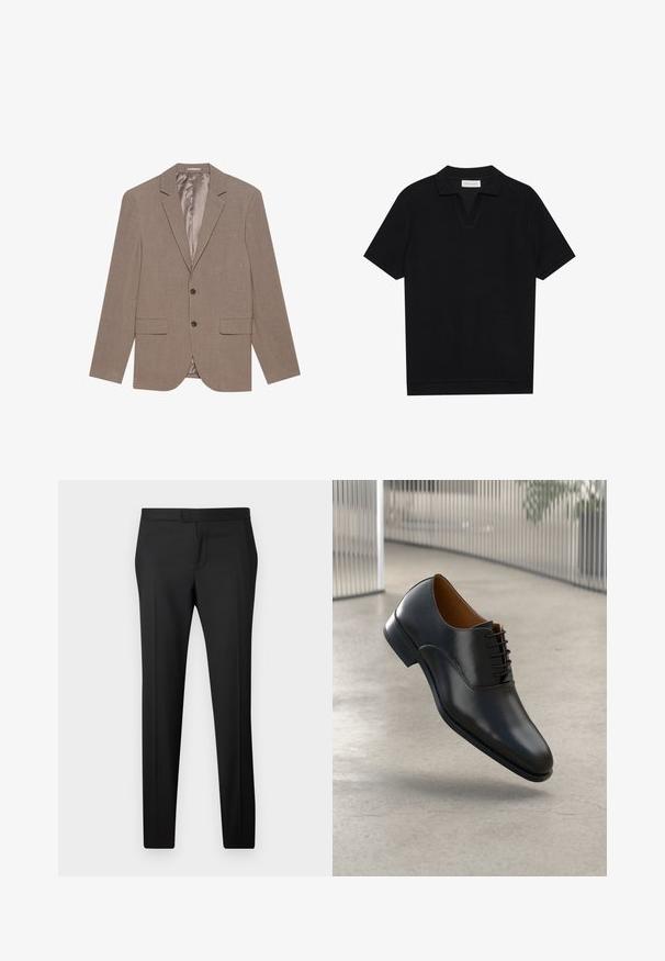 Svetlo rjav blejzer iz teksturirane tkanine, ki ima dva sprednja žepa, zapiranje na eno gumbo in podlogo iz satena.; Črna polo majica s kratkimi rokavi iz strukturirane rebraste tkanine, z V-izrezom in ravnim robom. Brez vidnih logotipov ali vzorcev.; Črne krojene hlače s ravnim krojem, narejene iz gladkega materiala. Imajo ravno sprednjo stran, zanko za pas in brez vidnih vzorcev ali okrasitev.; Črne usnjene oblečne čevlje z gladko površino, koničastim nosom in vezalnim dizajnom. Imajo subtilen šiv ob podplatu.