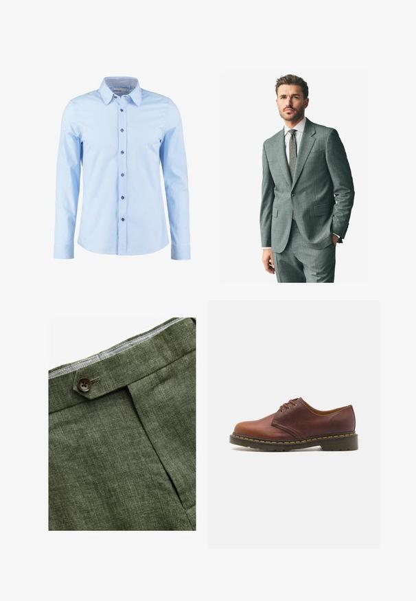 Grijs textuurpak met een afgeronde revers, bijpassende broek en een lichtkleurig overhemd. Accessoires zijn onder andere een gestreepte stropdas en knopen op de mouwen.; Zwarte, aansluitende V-hals trui met lange mouwen. Gemaakt van zachte gebreide stof, met geribbelde mouwen en zoom. Minimalistisch ontwerp.; Lichtblauw overhemd met lange mouwen en een button-down kraag, voorzien van donkerblauwe knopen en een geruite stofaccent aan de binnenkant van de kraag.; Witte katoenen t-shirt met ronde hals, gedragen met marineblauwe geplooide broek en een bruine leren riem met een gouden gesp.; Olijf groene linnen broek met een voorplooi, voorzien van een knoopsluiting en een contrasterende geruite voering bij de tailleband.; Bruine leren schoen met een gladde afwerking, ronde neus en vetersluiting met vijf gaatjes. Voorzien van gele stiksels langs de zool en een gestructureerde hak.