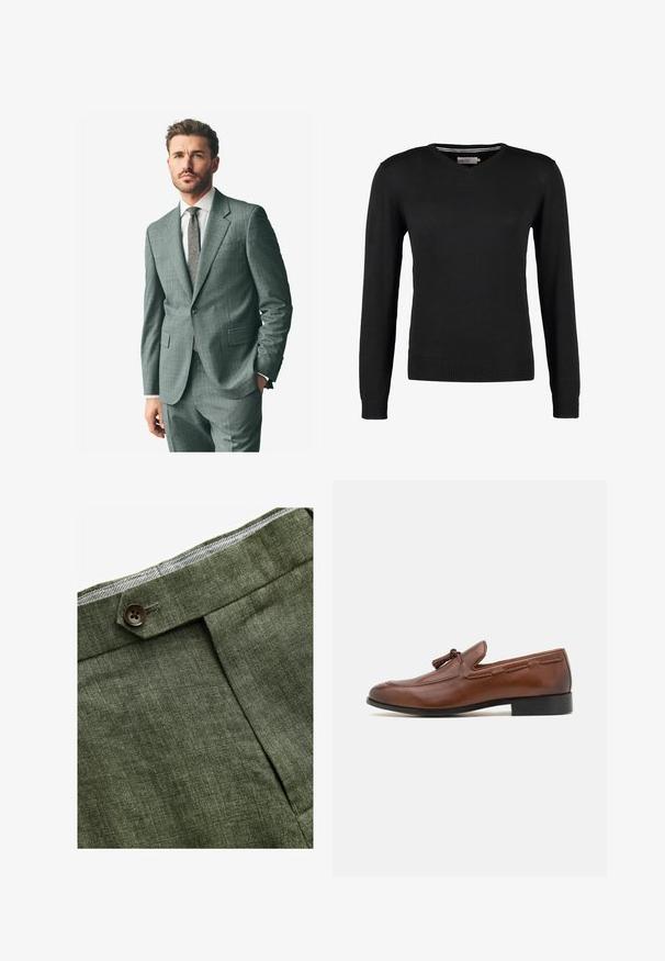 Grijs textuurpak met een afgeronde revers, bijpassende broek en een lichtkleurig overhemd. Accessoires zijn onder andere een gestreepte stropdas en knopen op de mouwen.; Zwarte, aansluitende V-hals trui met lange mouwen. Gemaakt van zachte gebreide stof, met geribbelde mouwen en zoom. Minimalistisch ontwerp.; Witte katoenen t-shirt met ronde hals, gedragen met marineblauwe geplooide broek en een bruine leren riem met een gouden gesp.; Olijf groene linnen broek met een voorplooi, voorzien van een knoopsluiting en een contrasterende geruite voering bij de tailleband.; Bruine leren loafers met een ronde neus, decoratieve stiksels en een kwastaccent. De zool is zwart en iets verhoogd.