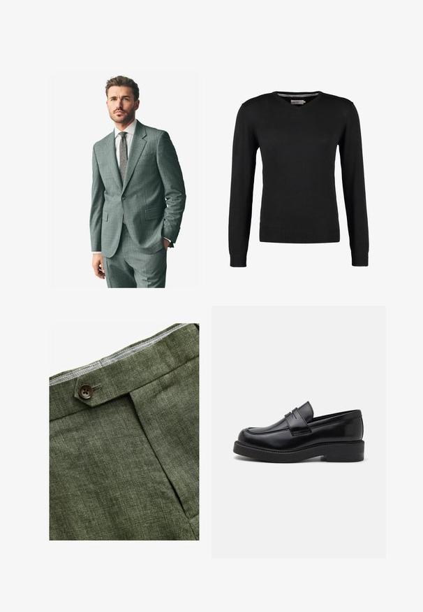 Grau strukturiertes Anzug mit Schlag, passende Hose und einem hellen Hemd. Die Accessoires umfassen eine gemusterte Krawatte und Knöpfe an den Ärmeln.; Schwarzer, taillierter V-Ausschnitt-Pullover mit langen Ärmeln. Hergestellt aus weichem Strickstoff, mit gerippten Bündchen und Saum. Minimalistisches Design.; Weißes Baumwoll-T-Shirt mit rundem Ausschnitt, kombiniert mit navyblauen, gefalteten Hosen und einem braunen Ledergürtel mit goldener Schnalle.; Olivengrüne Leinenhose mit einem Bundfalten, ausgestattet mit einem Knopfverschluss und einem kontrastierenden karierten Futter am Bund.; Schwarze Lederloafer mit runder Zehenform, dekorativem Vorderstich und einer dicken Gummisohle. Glatte Textur mit polierter Oberfläche.