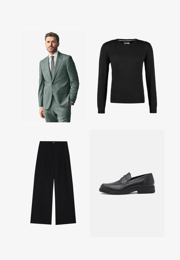 Traje gris texturizado con solapa muesca, pantalones a juego y una camisa de vestir clara. Los accesorios incluyen una corbata de patrón y botones en las mangas.; Suéter negro, ajustado, con cuello en V y mangas largas. Hecho de un suave tejido de punto, con puños y cinturilla acanalados. Diseño minimalista.; Camiseta blanca de algodón con cuello redondo, combinada con pantalones de traje azul marino con plisado y un cinturón de cuero marrón con hebilla dorada.; YOURTURN UNISEX - Pantalones - black; Mocasín de cuero negro con punta redondeada y detalles de costura. Cuenta con una suela plana y un ligero tacón para mayor elevación.
