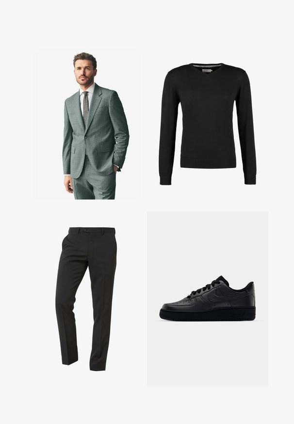 Grå tekstureret jakkesæt med klaplåg, matchende bukser og en lys dresskjorte. Tilbehøret inkluderer et mønstret slips og knapper på ærmerne.; Sort, tætsiddende V-hals sweater med lange ærmer. Fremstillet af blødt strikstof, med ribbede manchetter og talje. Minimalistisk design.; Hvid bomulds T-shirt med rund halsudskæring, båret med marineblå plisserede bukser og et brunt læderbælte med en guldbuckle.; Next Trousers - Suit Trousers Slim Fit - Habitbukser - mottled black; Sort Nike Air Force 1 sneaker med en glat læderoverdel, perforeret tå for åndbarhed, sorte snørebånd og en textured gummisål.