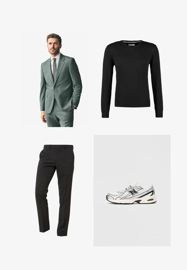 Šedý strukturovaný oblek s klopovým límcem, odpovídající kalhoty a světlou košili. Doplňky zahrnují vzorovanou kravatu a knoflíky na rukávech.; Černý, přiléhavý svetr s V-výstřihem a dlouhými rukávy. Vyrobeno z měkké pleteniny, s žebrovanými manžetami a pasem. Minimalistický design.; Bílý bavlněný tričko s kulatým výstřihem nošené s námořnickými plisovanými kalhotami a hnědým koženým páskem se zlatou sponou.; Next Trousers - Suit Trousers Slim Fit - Oblekové kalhoty - mottled black; Bílé a šedé sportovní tenisky s černým logem "N", síťovaným svrchním materiálem, polstrovanou podrážkou a šněrovacím designem, zobrazené na jednoduchém světle šedém pozadí.