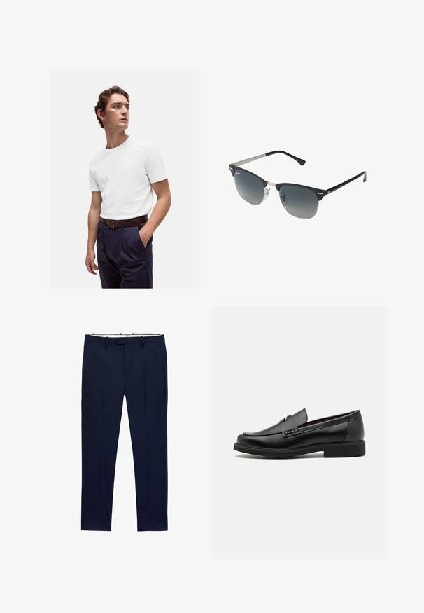 Grå tekstureret jakkesæt med klaplåg, matchende bukser og en lys dresskjorte. Tilbehøret inkluderer et mønstret slips og knapper på ærmerne.; Sort, tætsiddende V-hals sweater med lange ærmer. Fremstillet af blødt strikstof, med ribbede manchetter og talje. Minimalistisk design.; Hvid bomulds T-shirt med rund halsudskæring, båret med marineblå plisserede bukser og et brunt læderbælte med en guldbuckle.; Mørkeblå bukser med slim fit og nålestribet mønster. Har lynlåsgylf, bæltestropper og forlommer. Glat stofstruktur.; Sorte syntetiske loafers med en fremtrædende syet front, polstret indersål og flad gummiydersål; slankt design med minimal detaljer.; Sorte og sølv solbriller med katteøje-form, gradient linser og metalliske detaljer på rammen. Plastiske arme med grå spidser.