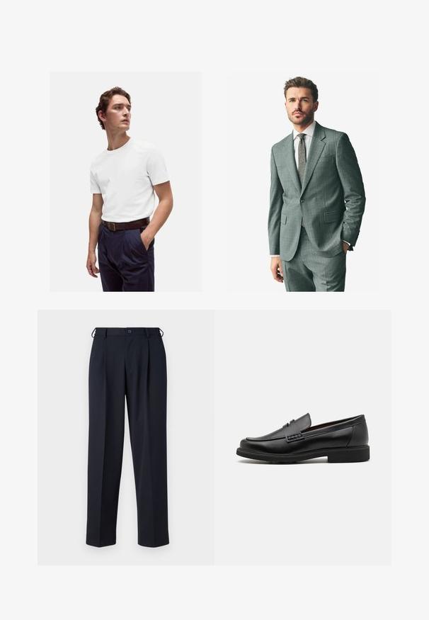 Grijs textuurpak met een afgeronde revers, bijpassende broek en een lichtkleurig overhemd. Accessoires zijn onder andere een gestreepte stropdas en knopen op de mouwen.; Zwarte, aansluitende V-hals trui met lange mouwen. Gemaakt van zachte gebreide stof, met geribbelde mouwen en zoom. Minimalistisch ontwerp.; Witte katoenen t-shirt met ronde hals, gedragen met marineblauwe geplooide broek en een bruine leren riem met een gouden gesp.; Navyblauwe broeken gemaakt van een gladde stof, met een rechte snit, geplooide voorkant en een knoopsluiting bij de taille.; Zwarte synthetische loafers met een opvallende gestikte voorkant, gevoerde binnenzool en platte rubberen buitenzool; slank ontwerp met minimale details.