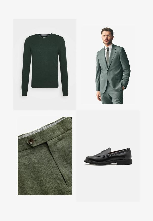 Grijs textuurpak met een afgeronde revers, bijpassende broek en een lichtkleurig overhemd. Accessoires zijn onder andere een gestreepte stropdas en knopen op de mouwen.; Donkergroene V-hals trui. Gemaakt van gebreid materiaal met lange mouwen, geribde manchetten en een rechte zoom. Bevat een subtiele textuur.; Witte katoenen t-shirt met ronde hals, gedragen met marineblauwe geplooide broek en een bruine leren riem met een gouden gesp.; Olijf groene linnen broek met een voorplooi, voorzien van een knoopsluiting en een contrasterende geruite voering bij de tailleband.; Zwarte synthetische loafers met een opvallende gestikte voorkant, gevoerde binnenzool en platte rubberen buitenzool; slank ontwerp met minimale details.