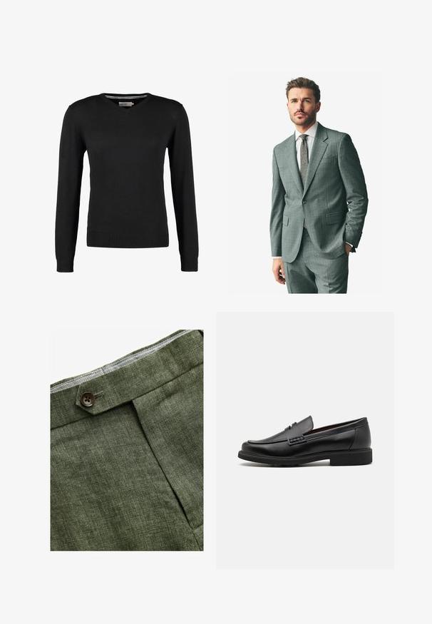 Grau strukturiertes Anzug mit Schlag, passende Hose und einem hellen Hemd. Die Accessoires umfassen eine gemusterte Krawatte und Knöpfe an den Ärmeln.; Schwarzer, taillierter V-Ausschnitt-Pullover mit langen Ärmeln. Hergestellt aus weichem Strickstoff, mit gerippten Bündchen und Saum. Minimalistisches Design.; Weißes Baumwoll-T-Shirt mit rundem Ausschnitt, kombiniert mit navyblauen, gefalteten Hosen und einem braunen Ledergürtel mit goldener Schnalle.; Olivengrüne Leinenhose mit einem Bundfalten, ausgestattet mit einem Knopfverschluss und einem kontrastierenden karierten Futter am Bund.; Schwarze synthetische Slipper mit einer markanten gesteppten Vorderseite, gepolstertem Fußbett und flacher Gummisohle; schlankes Design mit minimaler Detailverarbeitung.