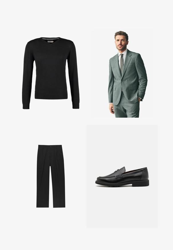 Un costume gris texturé avec un revers cranté, un pantalon assorti et une chemise habillée claire. Les accessoires comprennent une cravate à motifs et des boutons sur les manches.; Pull noir, ajusté, à col en V avec des manches longues. Fabriqué en tissu tricot doux, avec des bords côtes aux poignets et à la taille. Design minimaliste.; T-shirt en coton blanc à col rond porté avec un pantalon plissé marine et une ceinture en cuir marron avec une boucle en or.; Pantalons noirs au design droit, fabriqués à partir d'un tissu lisse. Dotés de plis sur le devant et d'une fermeture à un bouton à la taille.; Chaussures de ville synthétiques noires avec un devant cousu bien visible, semelle intérieure rembourrée et semelle extérieure en caoutchouc plate ; design épuré avec un minimum de détails.