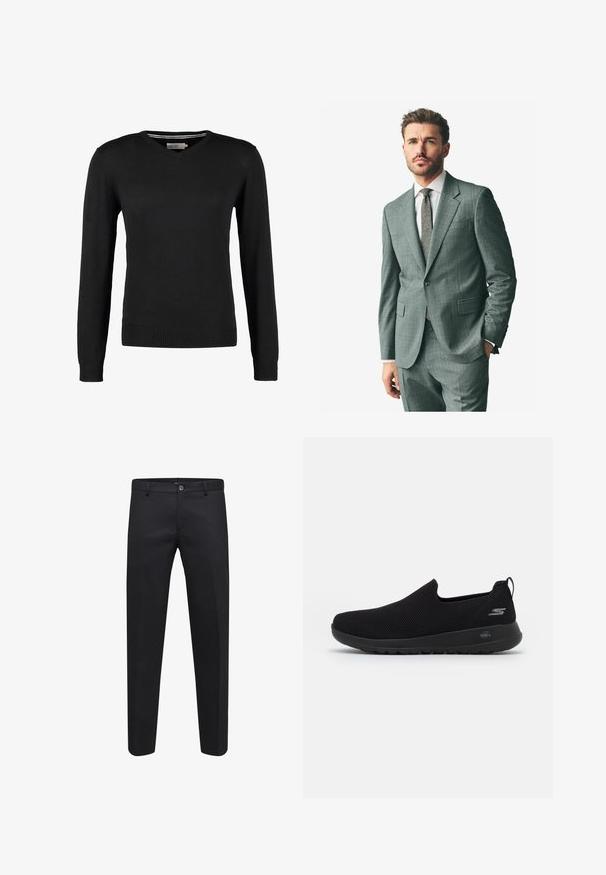 Grijs textuurpak met een afgeronde revers, bijpassende broek en een lichtkleurig overhemd. Accessoires zijn onder andere een gestreepte stropdas en knopen op de mouwen.; Zwarte, aansluitende V-hals trui met lange mouwen. Gemaakt van zachte gebreide stof, met geribbelde mouwen en zoom. Minimalistisch ontwerp.; Witte katoenen t-shirt met ronde hals, gedragen met marineblauwe geplooide broek en een bruine leren riem met een gouden gesp.; Zwarte op maat gemaakte broek gemaakt van een soepele stof, met een knoopsluiting, riemlussen en zijzakken, in een recht model.; Zwarte instap sneaker met een ademende mesh bovenkant, ronde neus en een gevoerde rubberen zool. Bevat een logo aan de zijkant.