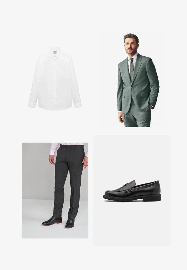 Un costume gris texturé avec un revers cranté, un pantalon assorti et une chemise habillée claire. Les accessoires comprennent une cravate à motifs et des boutons sur les manches.; Chemise blanche à manches longues en tissu lisse, dotée d'un col classique, d'une fermeture à boutons et d'un ourlet arrondi. Design minimaliste sans motifs.; Pantalons gris sur mesure avec une texture lisse, présentant une taille plate et des passants de ceinture, assortis à des chaussures de ville noires.; Chaussures de ville synthétiques noires avec un devant cousu bien visible, semelle intérieure rembourrée et semelle extérieure en caoutchouc plate ; design épuré avec un minimum de détails.