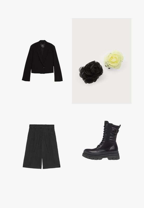 Kurzes schwarzes Blazer aus glattem Stoff, mit einem einzelnen Knopfverschluss, Reverskragen und einer Brusttasche in minimalistischer Gestaltung.; Schwarzes kurzärmliges T-Shirt aus glattem Stoff. Mit Rundhalsausschnitt und einer lockeren Passform sowie einem geraden Saum.; Schwarze Leinen-Shorts mit lockerer Passform, flachem Bund, zwei seitlichen Taschen und einem Knopfverschluss an der Taille.; NeroGiardini Plateaustiefelette - nero; Zwei Haarklemmen in Rosenform: eine schwarze und eine blassgelbe, aus zartem, geschichtetem Stoff mit matter Oberfläche.